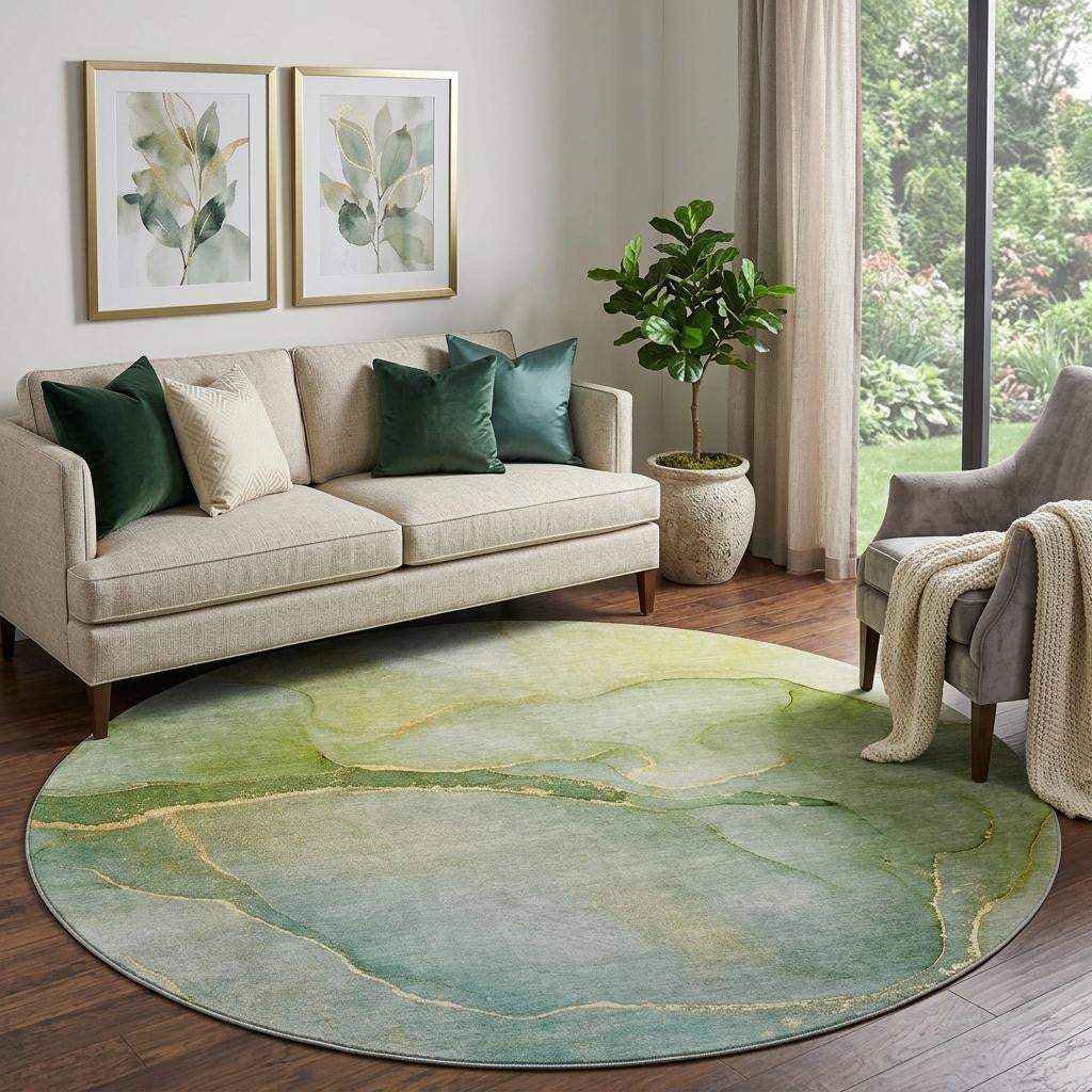 8' Green And Ivory Abstract Washable Round Rug With UV Protection - HomeRoots - Flyclothing LLC