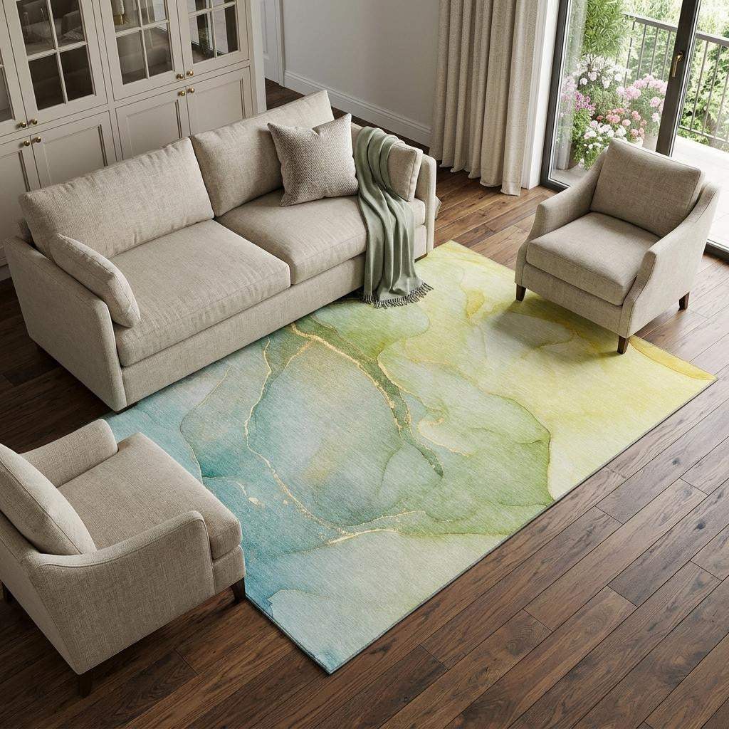 10' X 14' Green And Ivory Abstract Washable Area Rug With UV Protection - HomeRoots - Flyclothing LLC