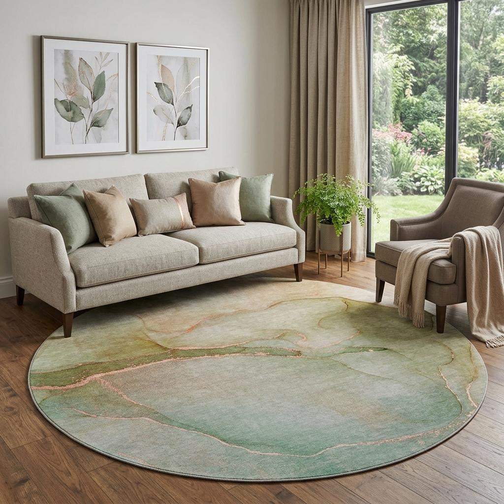 8' Teal And Ivory Abstract Washable Round Rug With UV Protection - HomeRoots - Flyclothing LLC
