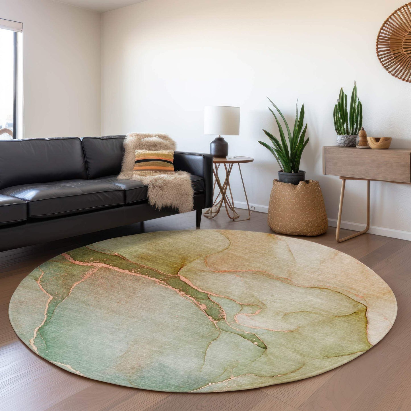 8' Teal And Ivory Abstract Washable Round Rug With UV Protection - HomeRoots - Flyclothing LLC