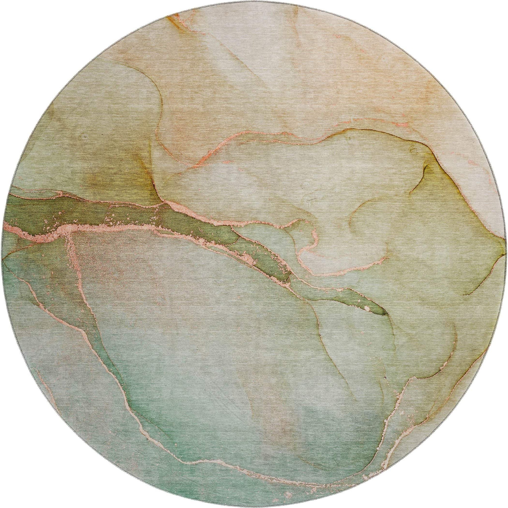 8' Teal And Ivory Abstract Washable Round Rug With UV Protection - HomeRoots - Flyclothing LLC