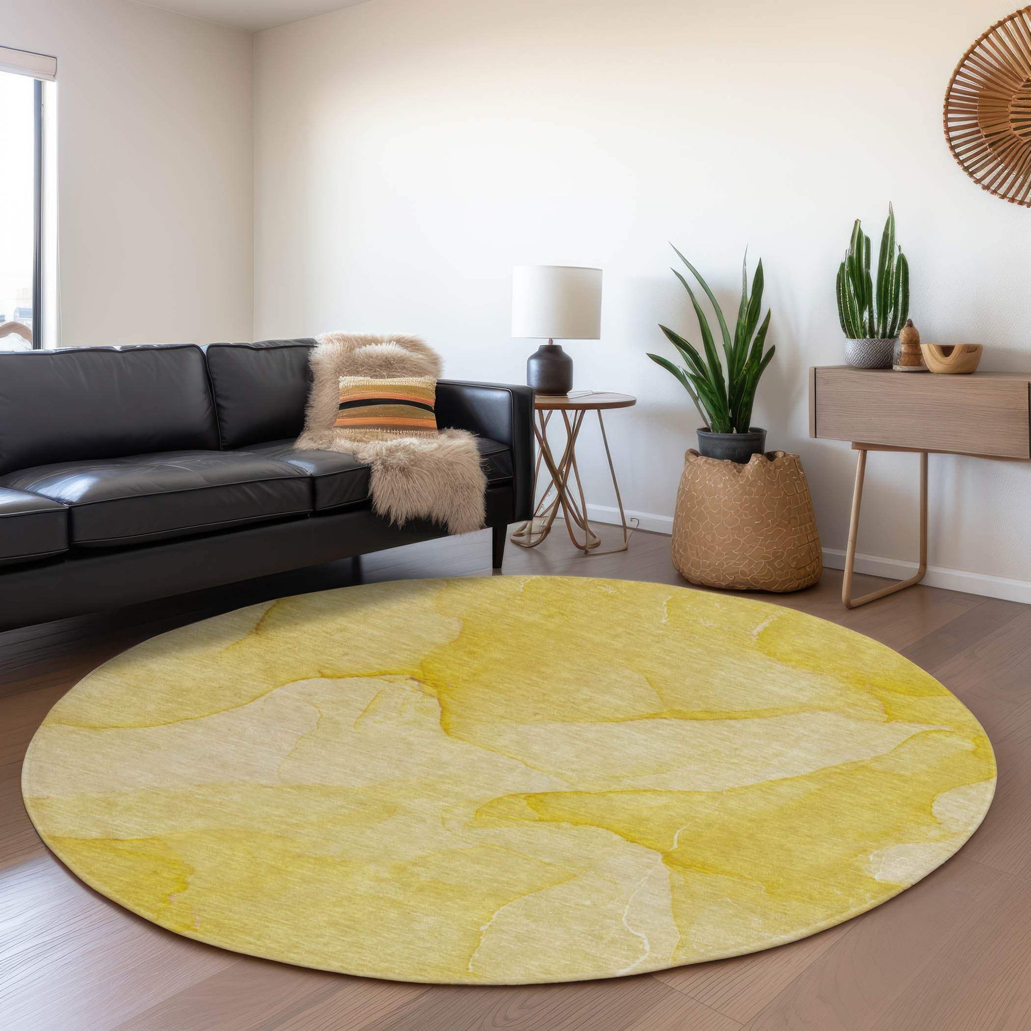 8' Gold And Ivory Abstract Washable Round Rug With UV Protection - HomeRoots - Flyclothing LLC