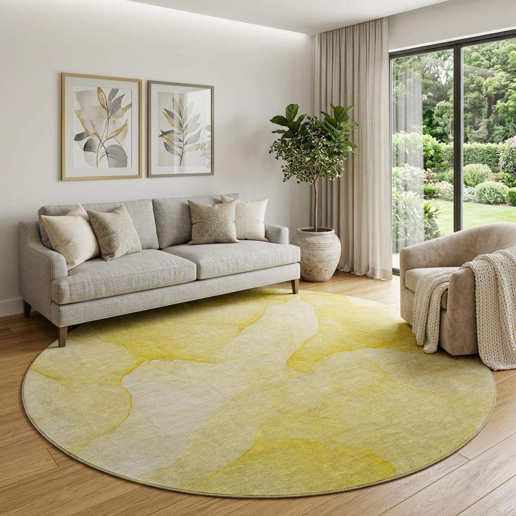 8' Gold And Ivory Abstract Washable Round Rug With UV Protection - HomeRoots - Flyclothing LLC