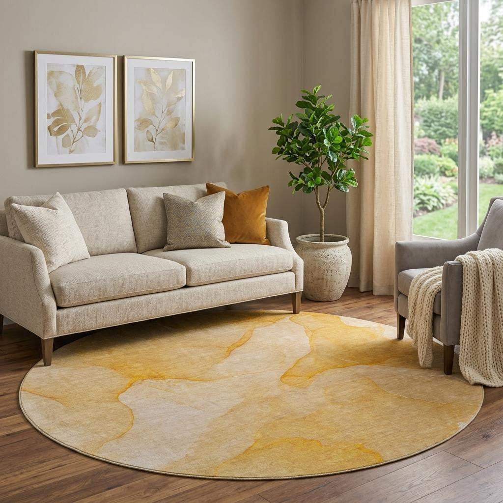 8' Orange And Ivory Abstract Washable Round Rug With UV Protection - HomeRoots - Flyclothing LLC