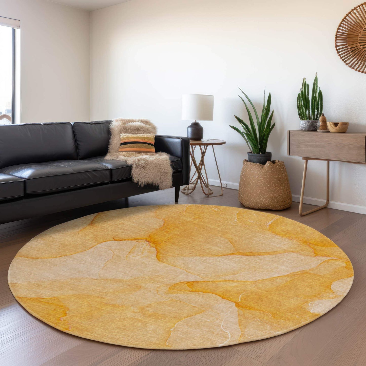 8' Orange And Ivory Abstract Washable Round Rug With UV Protection - HomeRoots - Flyclothing LLC