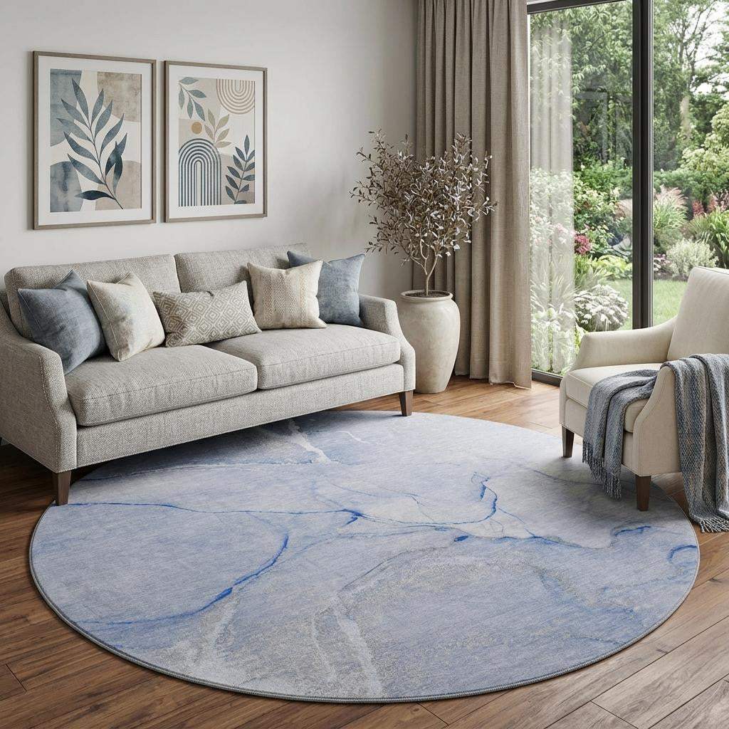 8' Blue And Ivory Abstract Washable Round Rug With UV Protection - HomeRoots - Flyclothing LLC