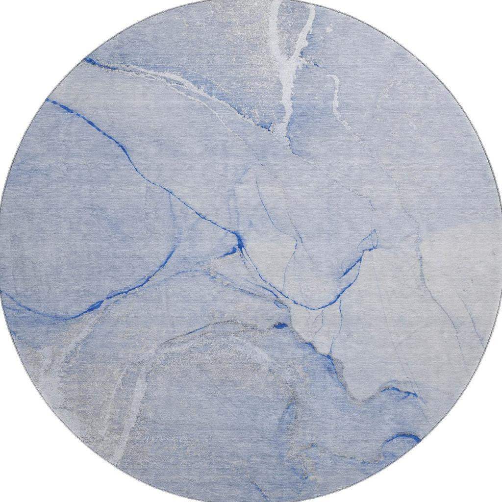 8' Blue And Ivory Abstract Washable Round Rug With UV Protection - HomeRoots - Flyclothing LLC