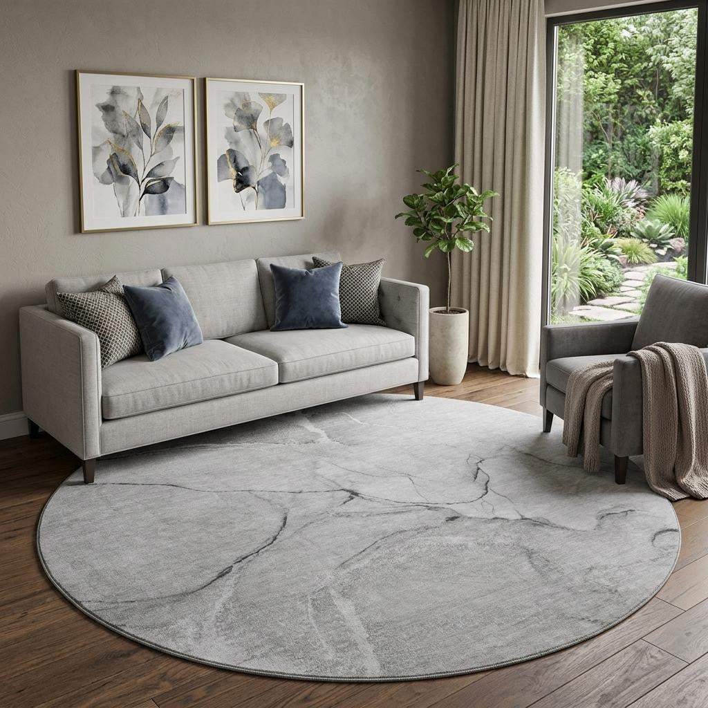 8' Gray And Ivory Abstract Washable Round Rug With UV Protection - HomeRoots - Flyclothing LLC