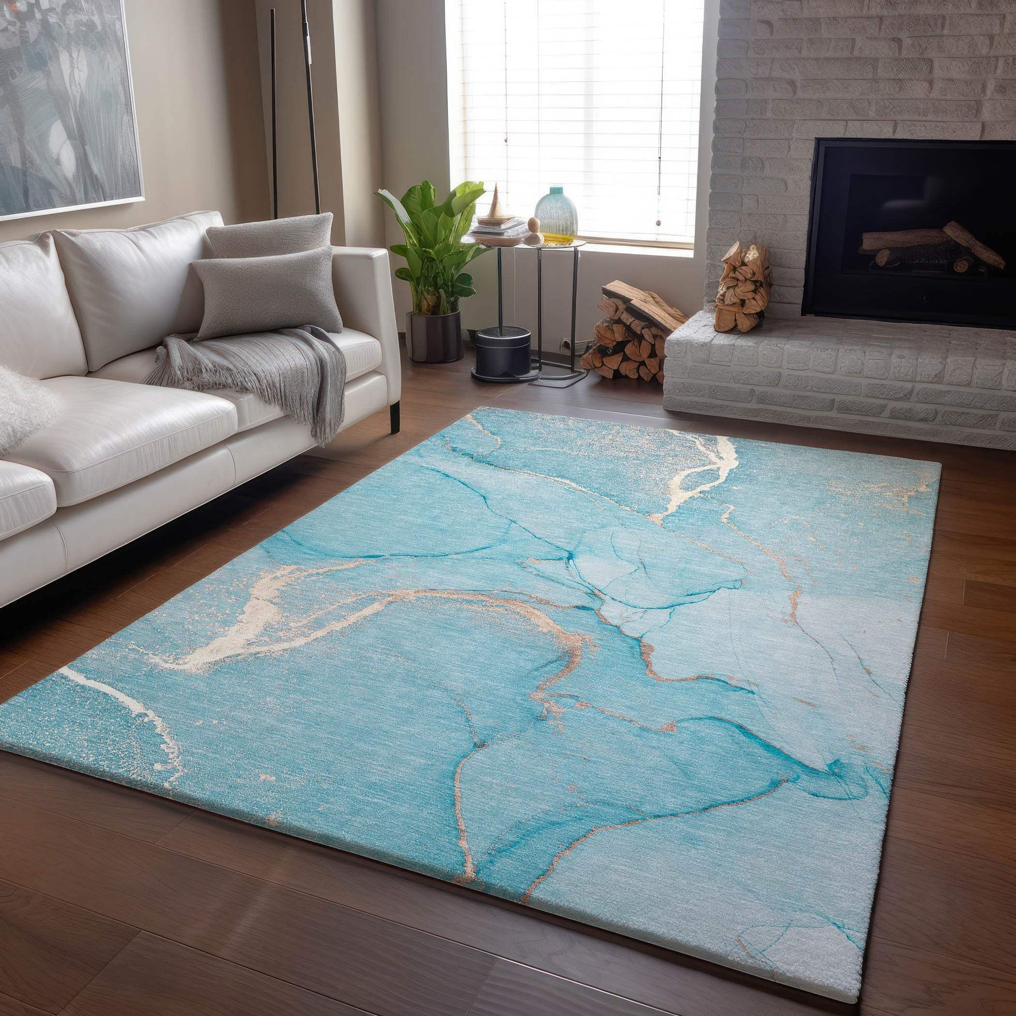 3' X 5' Teal And Ivory Abstract Washable Area Rug With UV Protection - HomeRoots - Flyclothing LLC