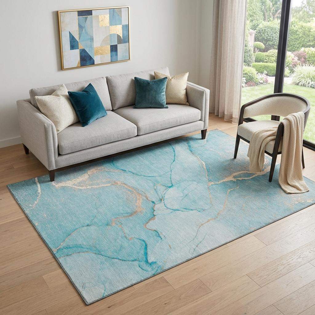 5' X 8' Teal And Ivory Abstract Washable Area Rug With UV Protection - HomeRoots - Flyclothing LLC