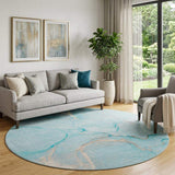 8' Teal And Ivory Abstract Washable Round Rug With UV Protection - HomeRoots - Flyclothing LLC