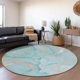 8' Teal And Ivory Abstract Washable Round Rug With UV Protection - HomeRoots - Flyclothing LLC