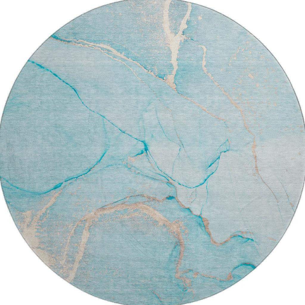 8' Teal And Ivory Abstract Washable Round Rug With UV Protection - HomeRoots - Flyclothing LLC