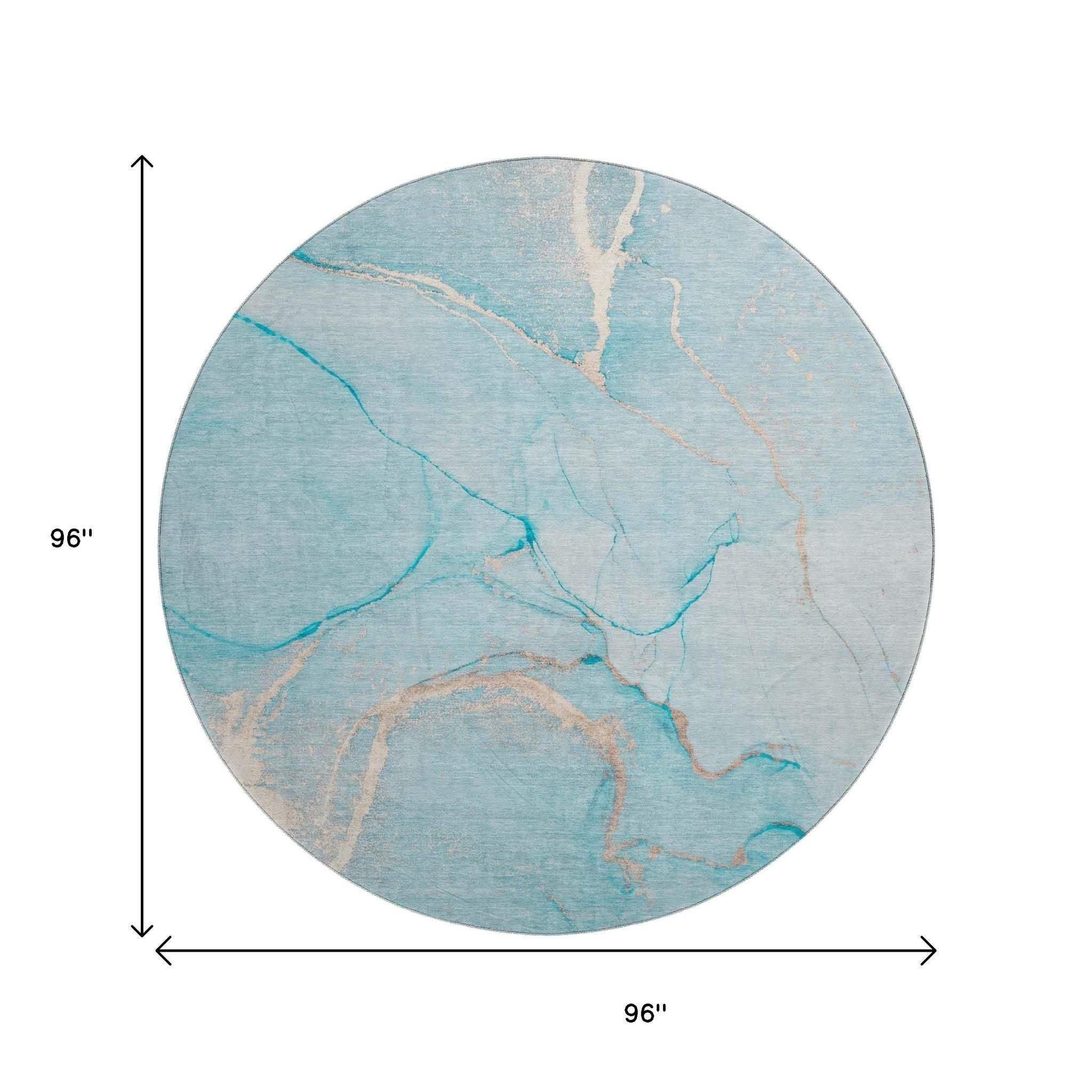 8' Teal And Ivory Abstract Washable Round Rug With UV Protection - HomeRoots - Flyclothing LLC
