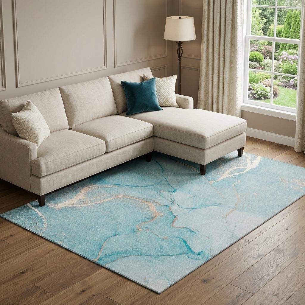 8' X 10' Teal And Ivory Abstract Washable Area Rug With UV Protection - HomeRoots - Flyclothing LLC
