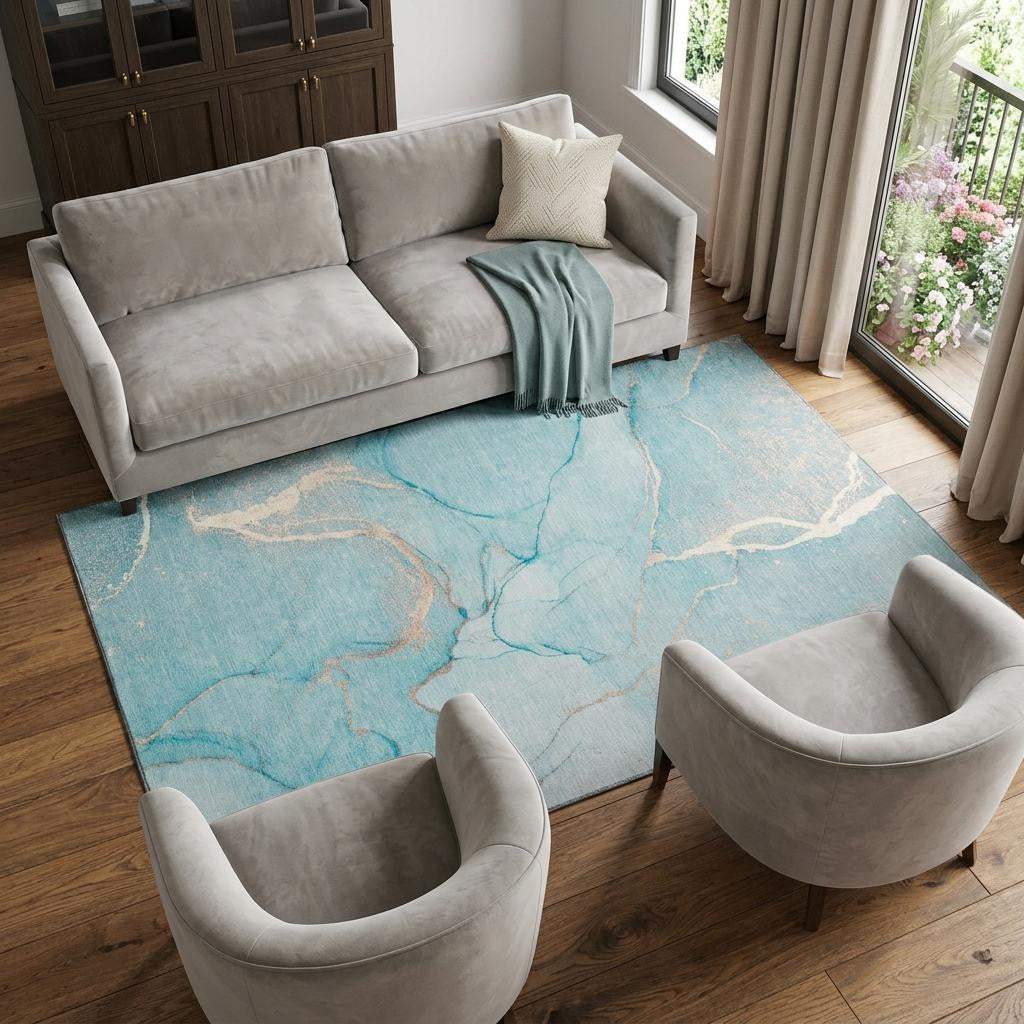 9' X 12' Teal And Ivory Abstract Washable Area Rug With UV Protection - HomeRoots - Flyclothing LLC