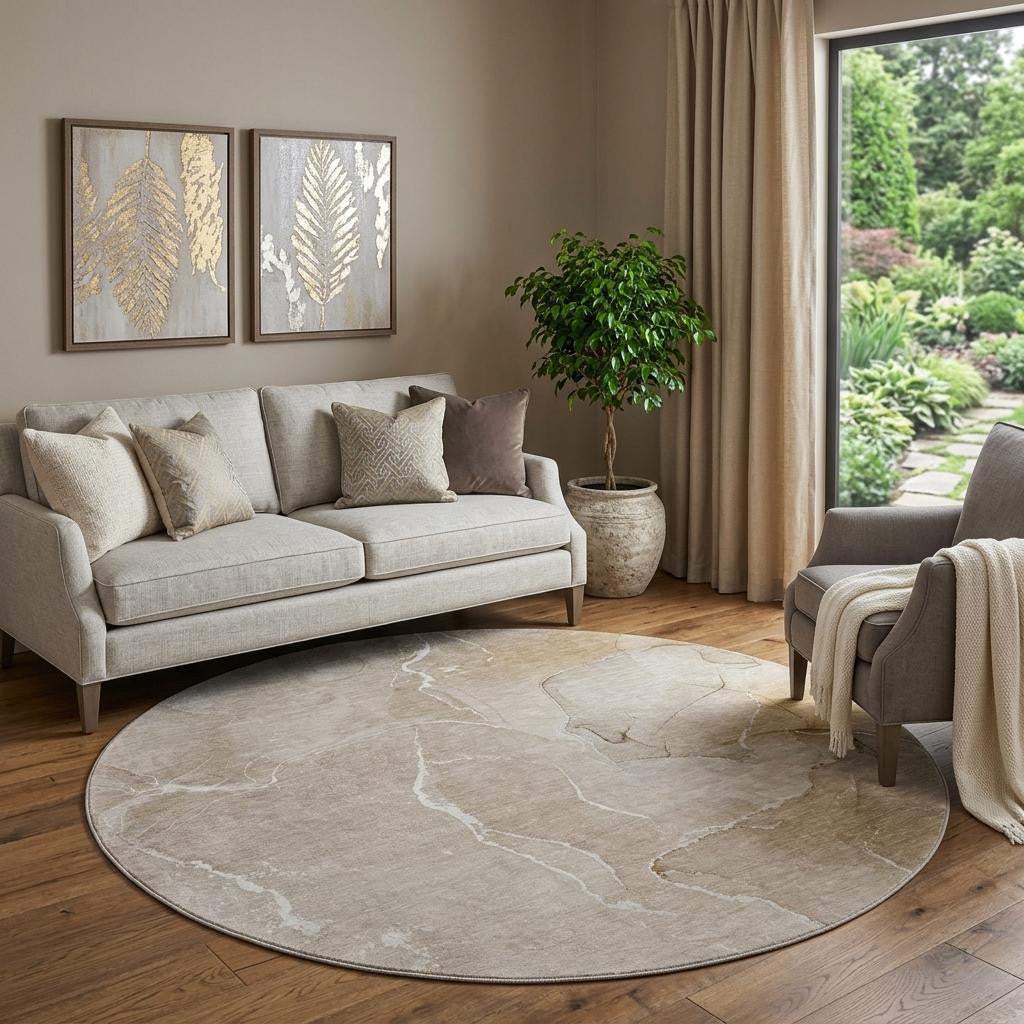 8' Beige And Ivory Abstract Washable Round Rug With UV Protection - HomeRoots - Flyclothing LLC