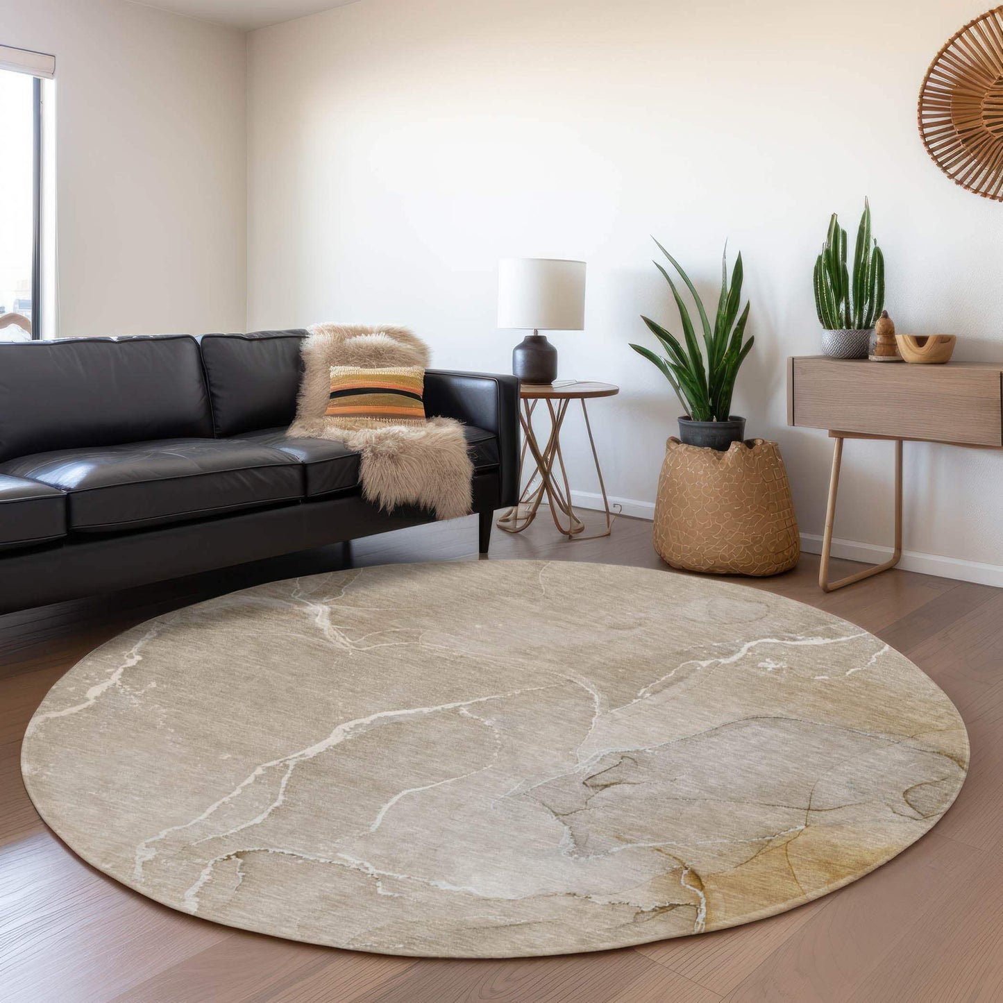 8' Beige And Ivory Abstract Washable Round Rug With UV Protection - HomeRoots - Flyclothing LLC