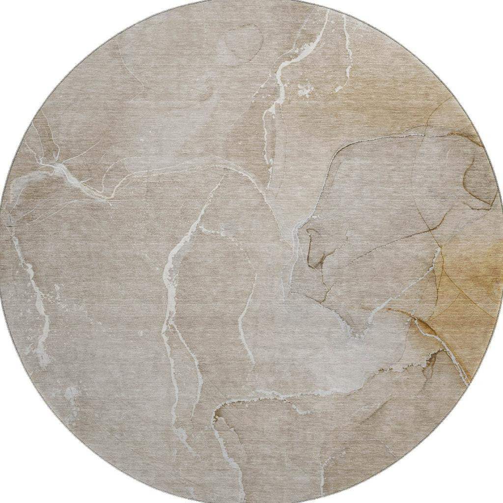 8' Beige And Ivory Abstract Washable Round Rug With UV Protection - HomeRoots - Flyclothing LLC