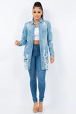 American Bazi Distressed Button Up Long Sleeve Denim Jacket - Trendsi