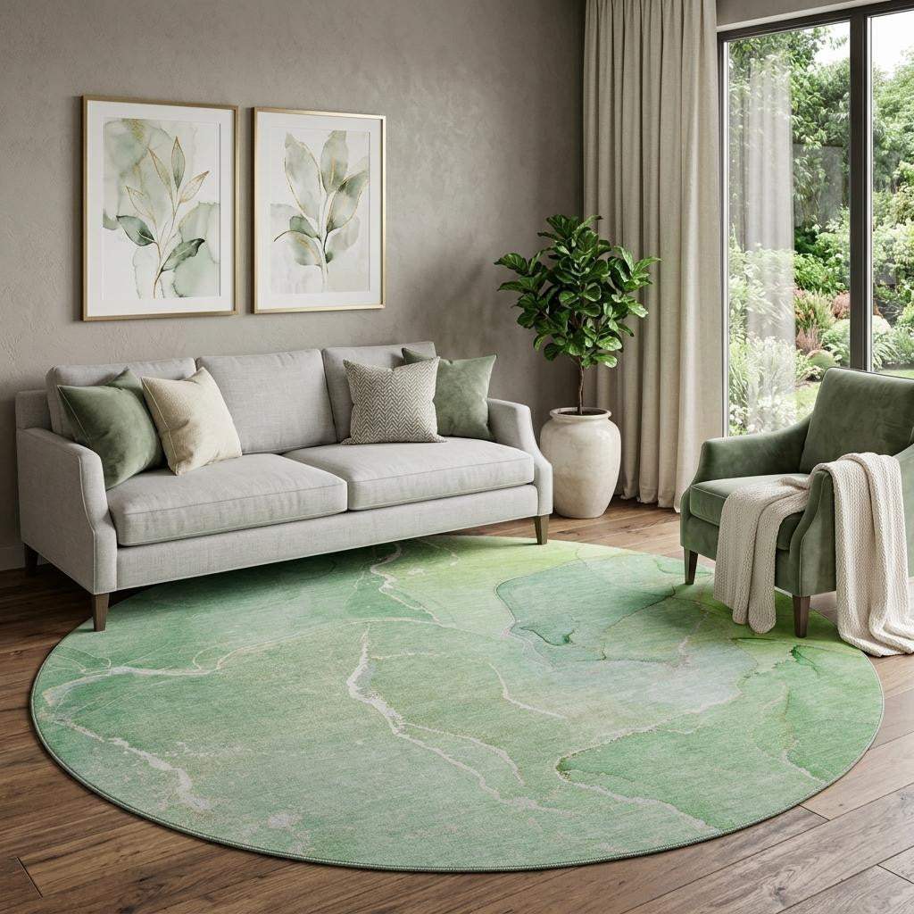 8' Green And Ivory Abstract Washable Round Rug With UV Protection - HomeRoots - Flyclothing LLC