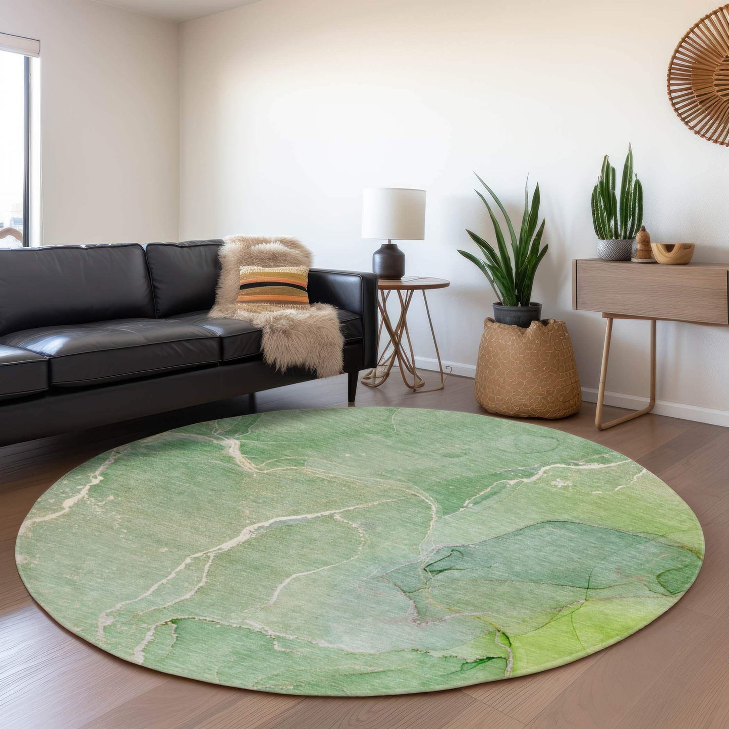 8' Green And Ivory Abstract Washable Round Rug With UV Protection - HomeRoots - Flyclothing LLC