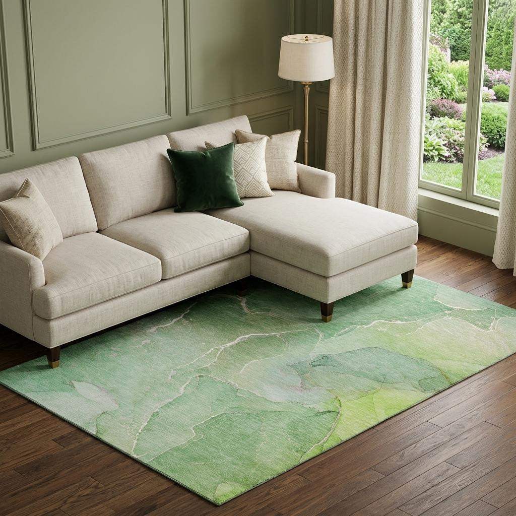 8' X 10' Green And Ivory Abstract Washable Area Rug With UV Protection - HomeRoots - Flyclothing LLC