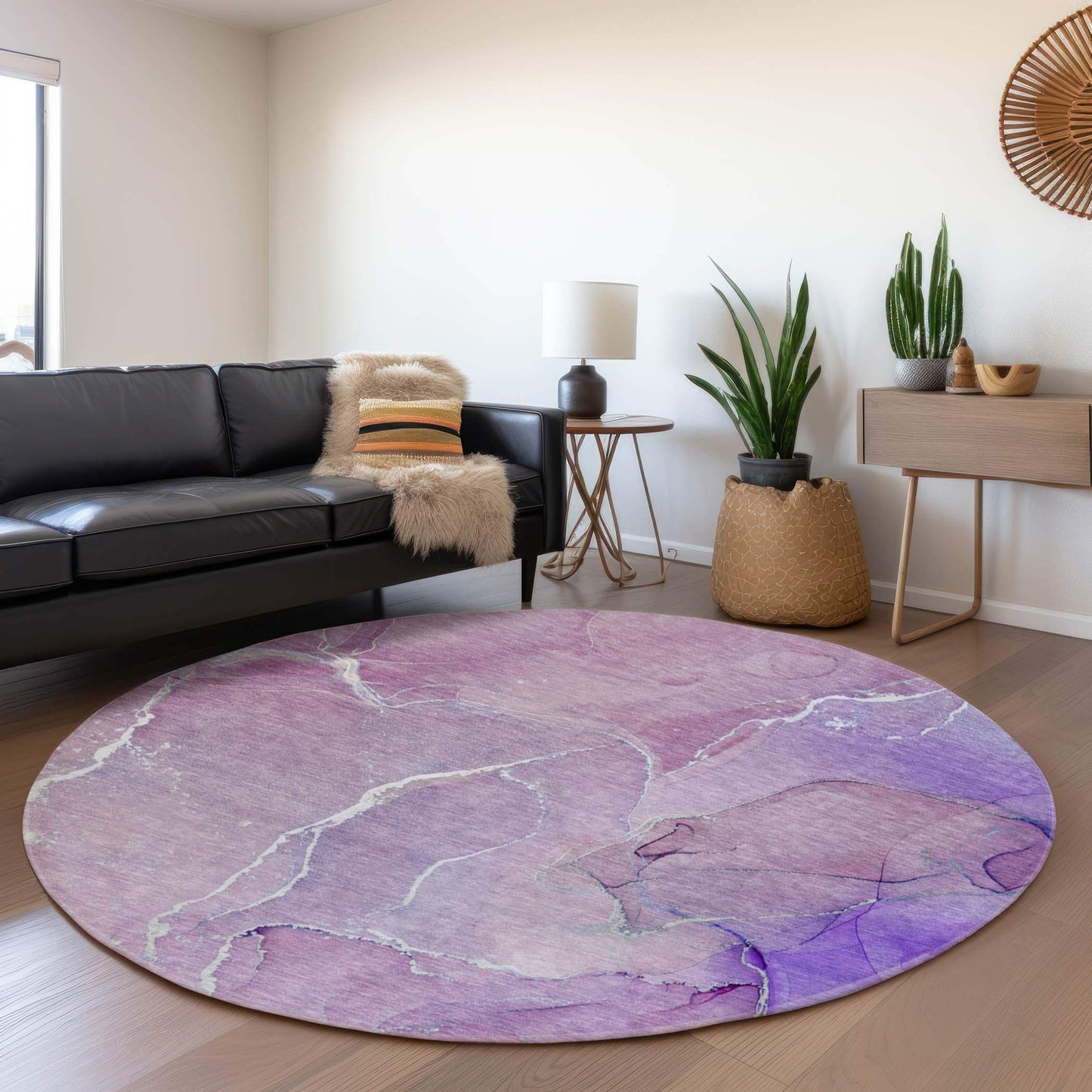 8' Purple And Ivory Abstract Washable Round Rug With UV Protection - HomeRoots - Flyclothing LLC
