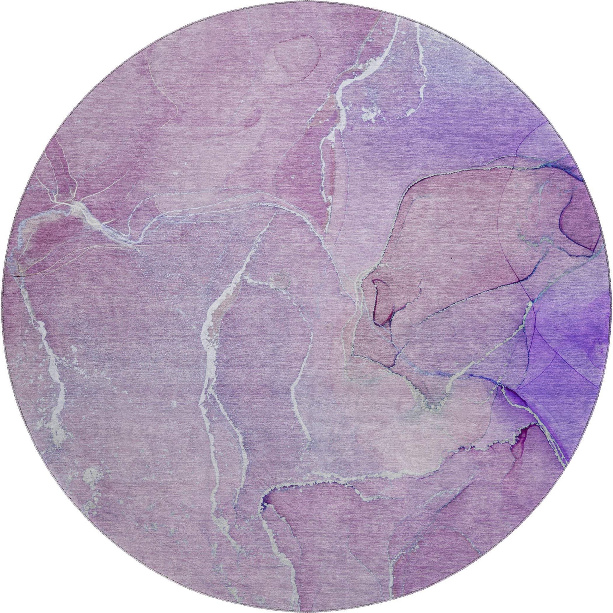 8' Purple And Ivory Abstract Washable Round Rug With UV Protection - HomeRoots - Flyclothing LLC