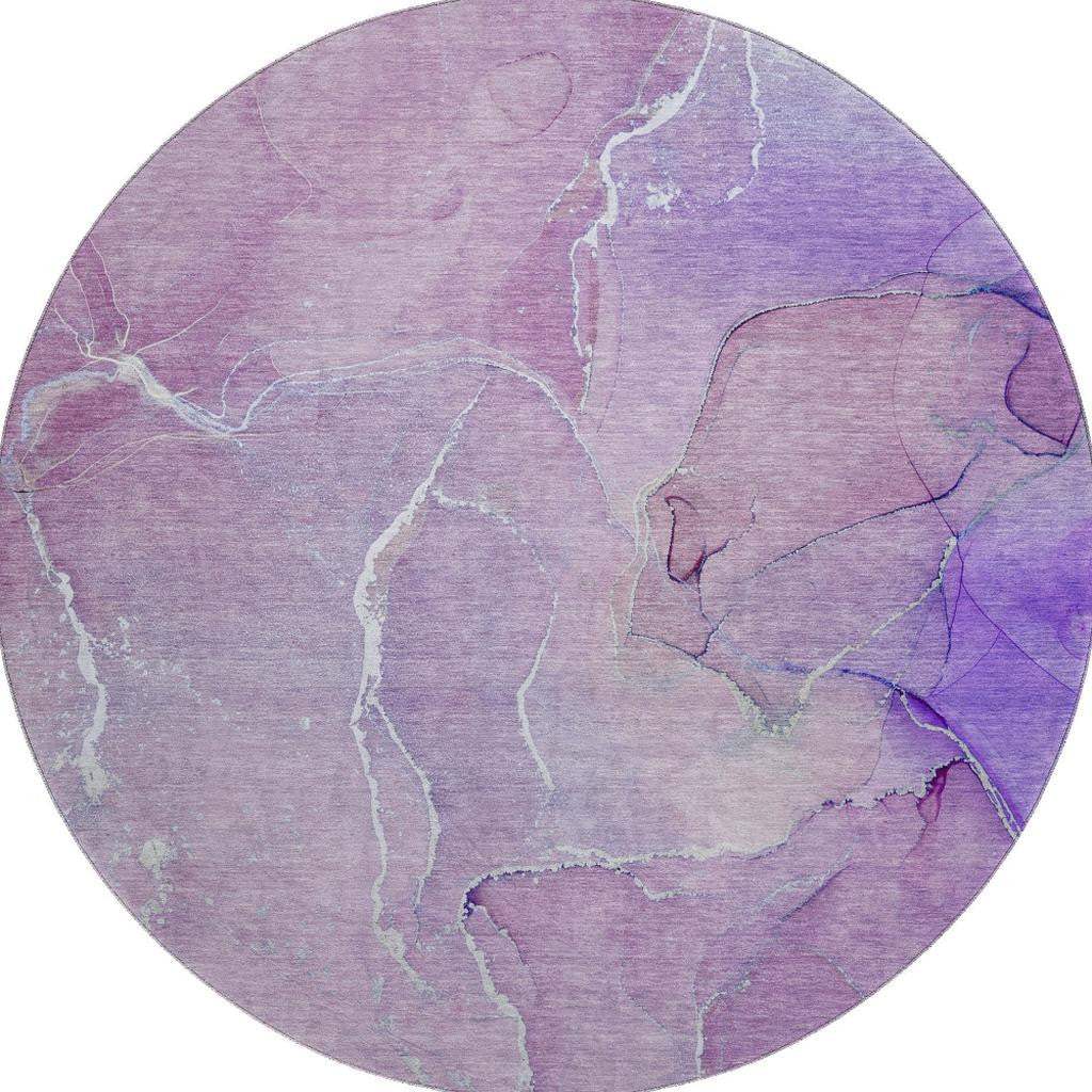 8' Purple And Ivory Abstract Washable Round Rug With UV Protection - HomeRoots - Flyclothing LLC