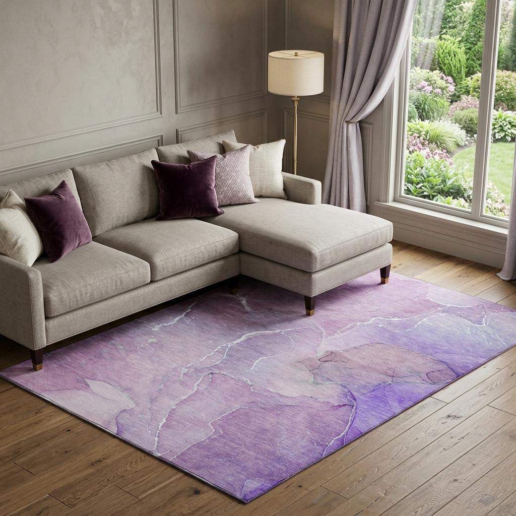 9' X 12' Purple And Ivory Abstract Washable Area Rug With UV Protection - HomeRoots - Flyclothing LLC