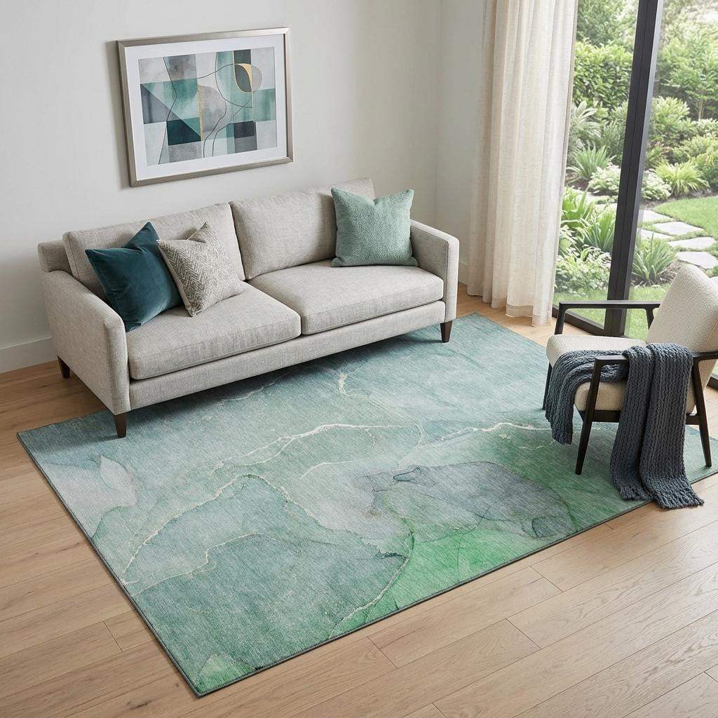 5' X 8' Teal And Ivory Abstract Washable Area Rug With UV Protection - HomeRoots - Flyclothing LLC