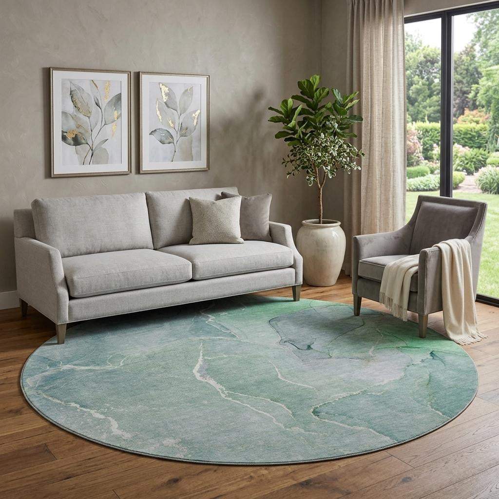 8' Teal And Ivory Abstract Washable Round Rug With UV Protection - HomeRoots - Flyclothing LLC