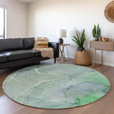 8' Teal And Ivory Abstract Washable Round Rug With UV Protection - HomeRoots - Flyclothing LLC