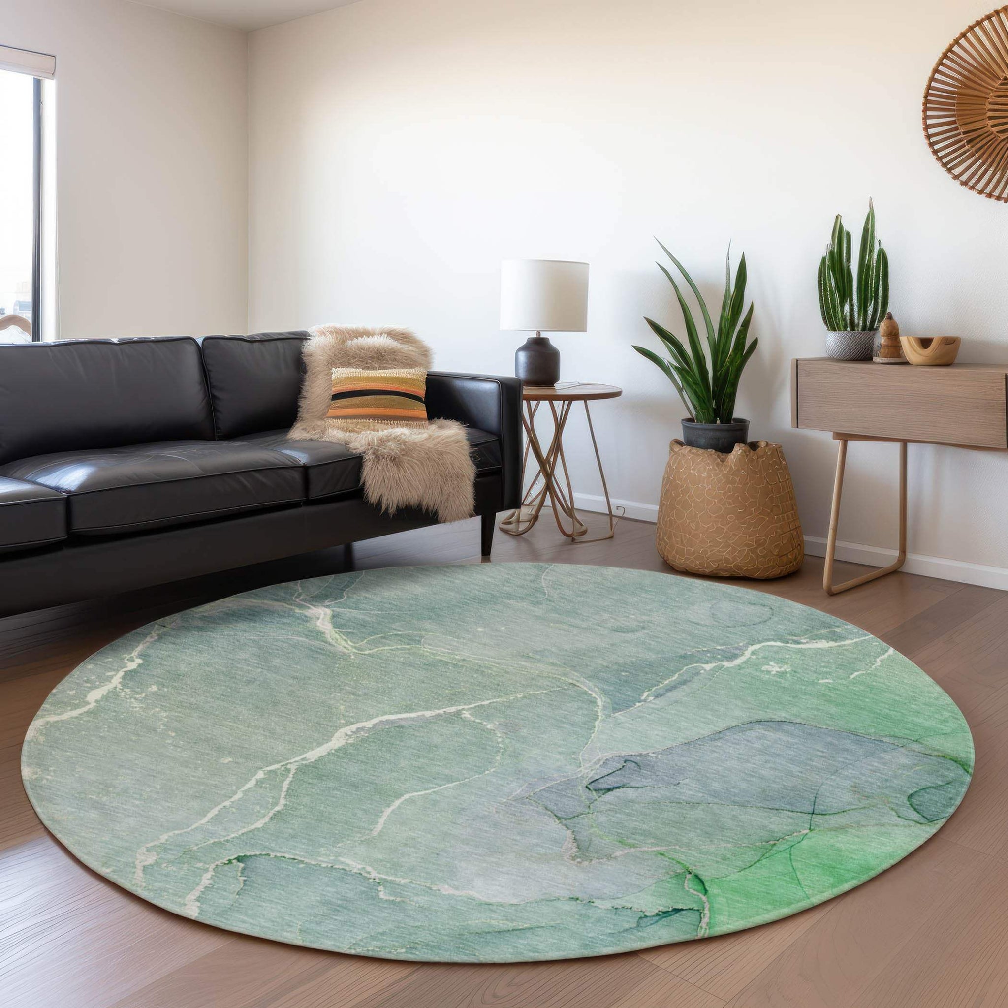 8' Teal And Ivory Abstract Washable Round Rug With UV Protection - HomeRoots - Flyclothing LLC