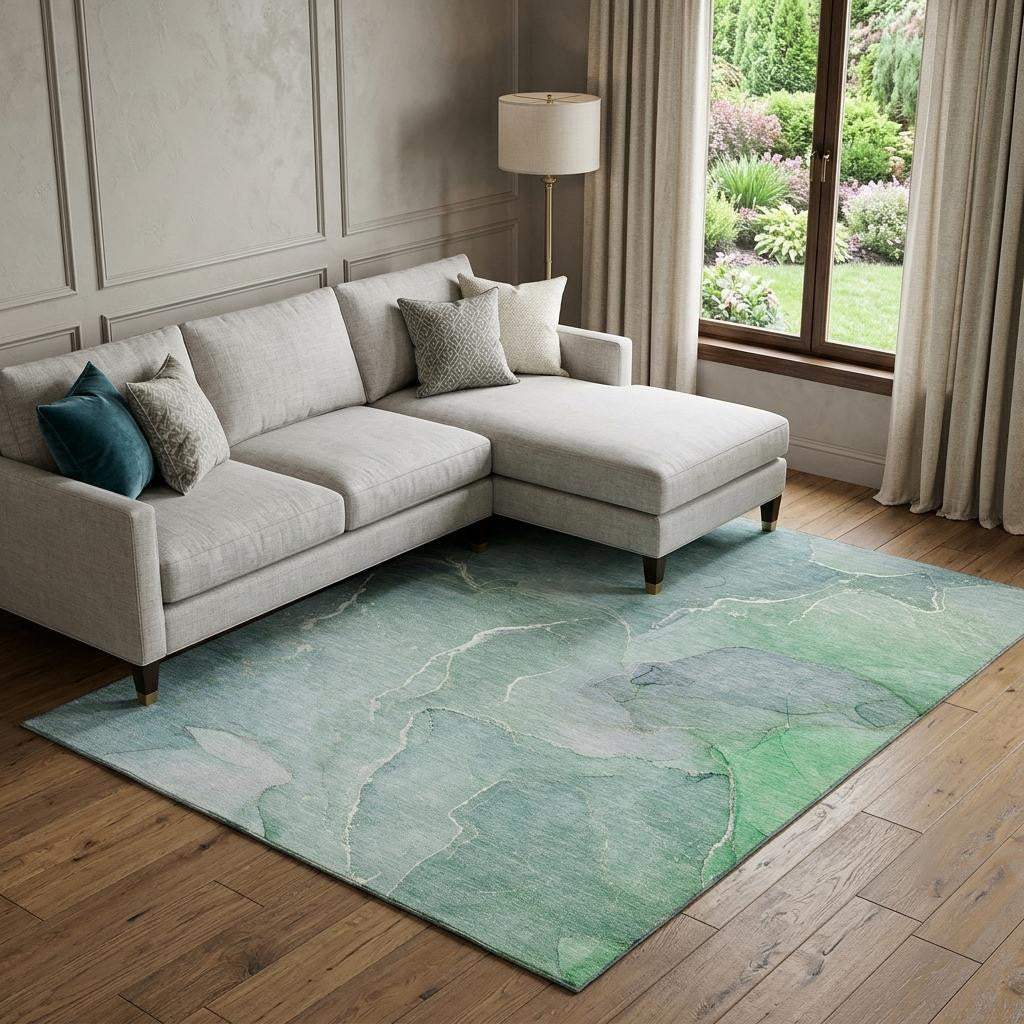 9' X 12' Teal And Ivory Abstract Washable Area Rug With UV Protection - HomeRoots - Flyclothing LLC