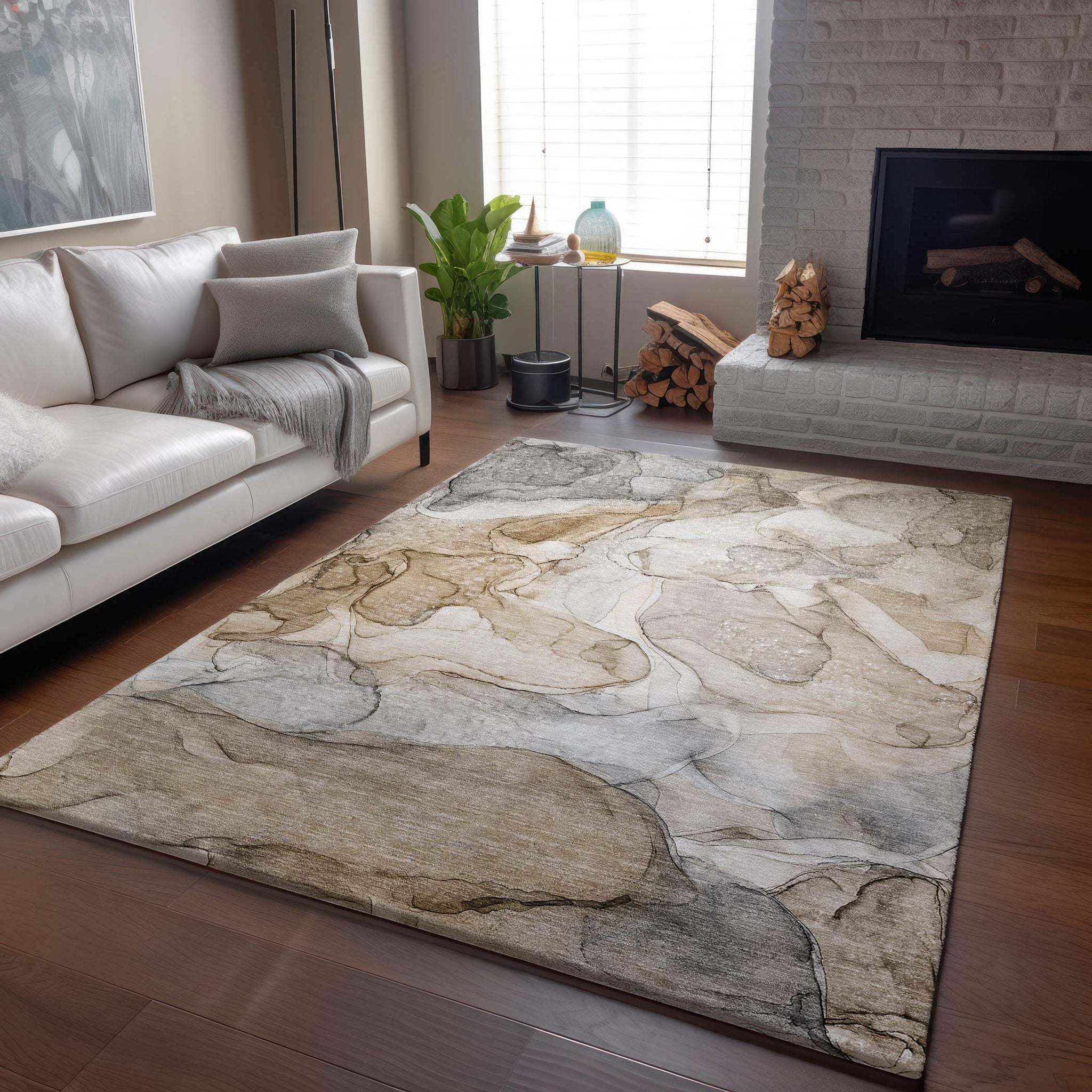 3' X 5' Beige And Ivory Abstract Washable Area Rug With UV Protection - HomeRoots - Flyclothing LLC