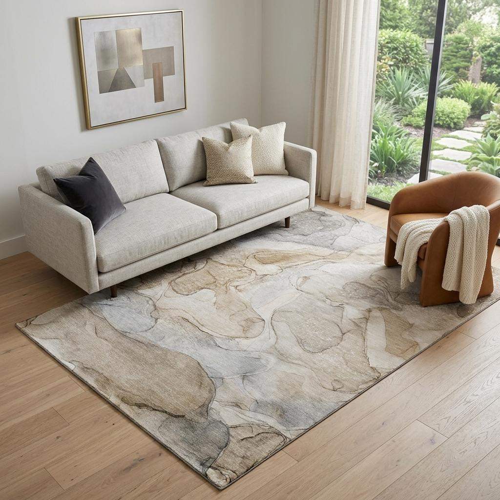 5' X 8' Beige And Ivory Abstract Washable Area Rug With UV Protection - HomeRoots - Flyclothing LLC
