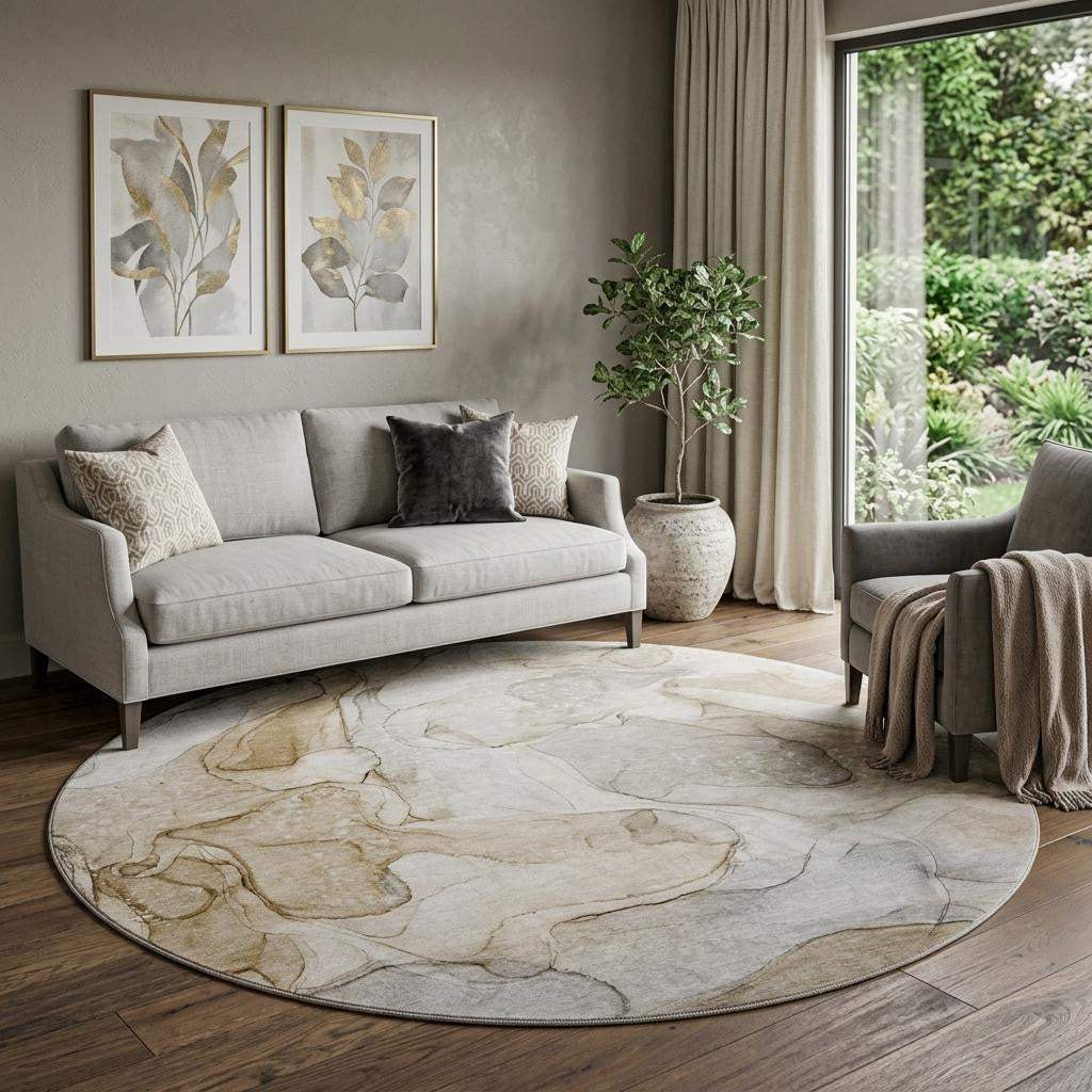 8' Beige And Ivory Abstract Washable Round Rug With UV Protection - HomeRoots - Flyclothing LLC