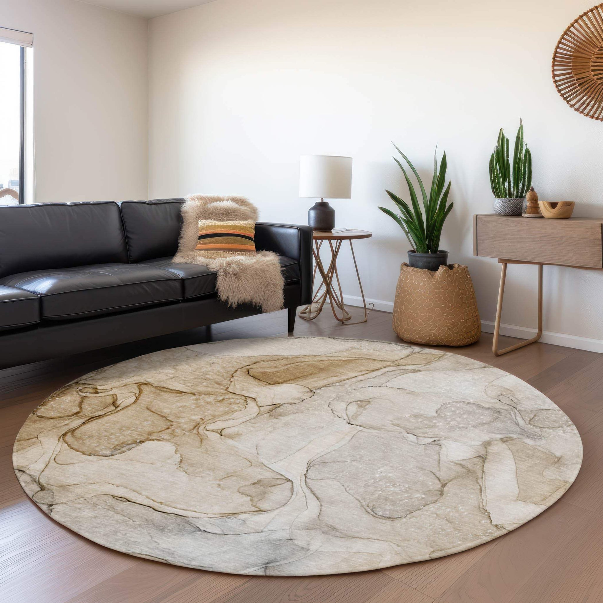8' Beige And Ivory Abstract Washable Round Rug With UV Protection - HomeRoots - Flyclothing LLC