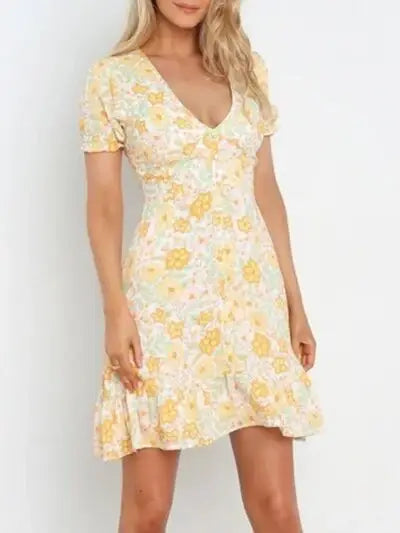Ruffled Hem Printed Short Sleeve Mini Dress - Trendsi - Flyclothing LLC