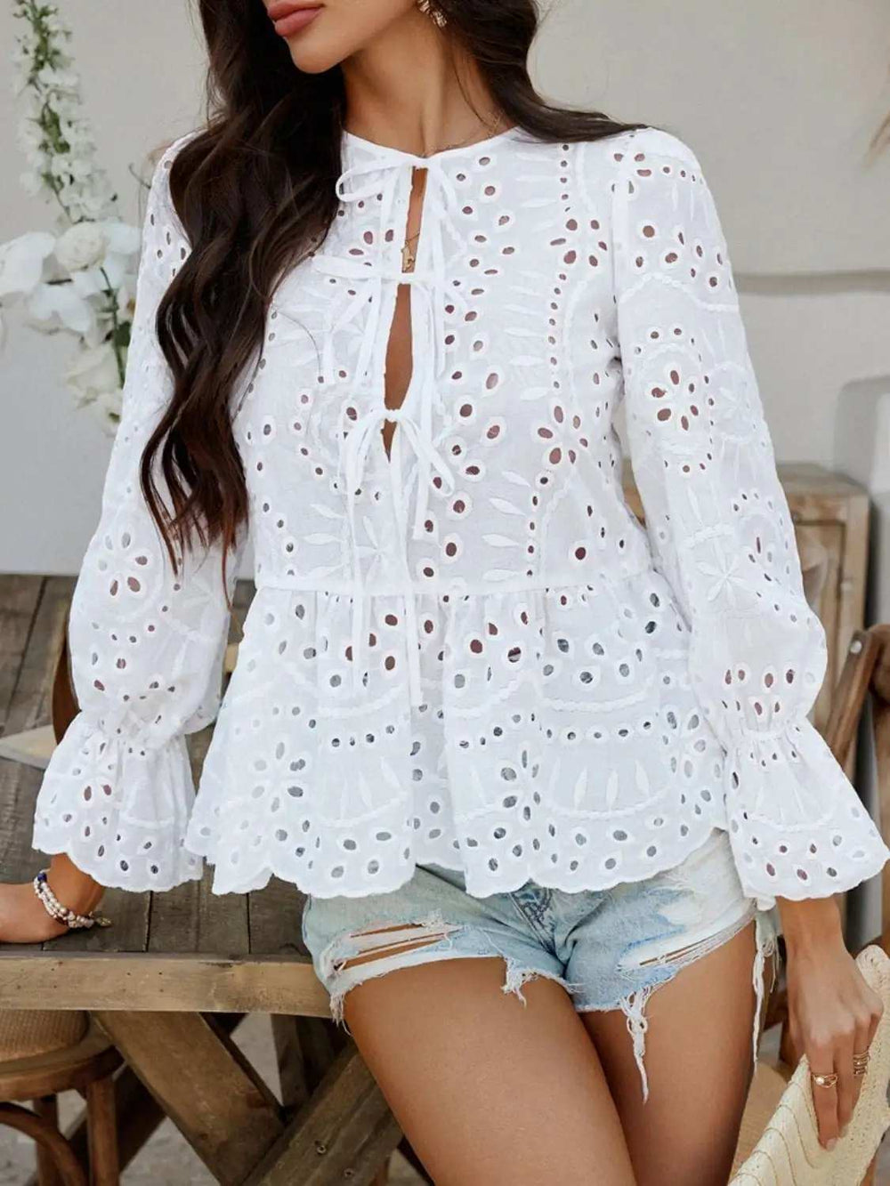 Devine Tie Front Flounce Sleeve Peplum Blouse - Trendsi - Flyclothing LLC