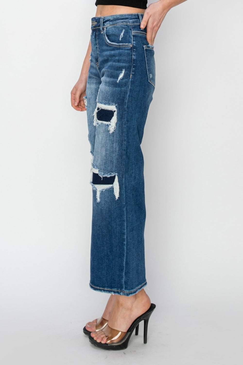 Risen Full Size High Rise Patch Detailed Wide Leg Crop Jeans - Trendsi - Flyclothing LLC