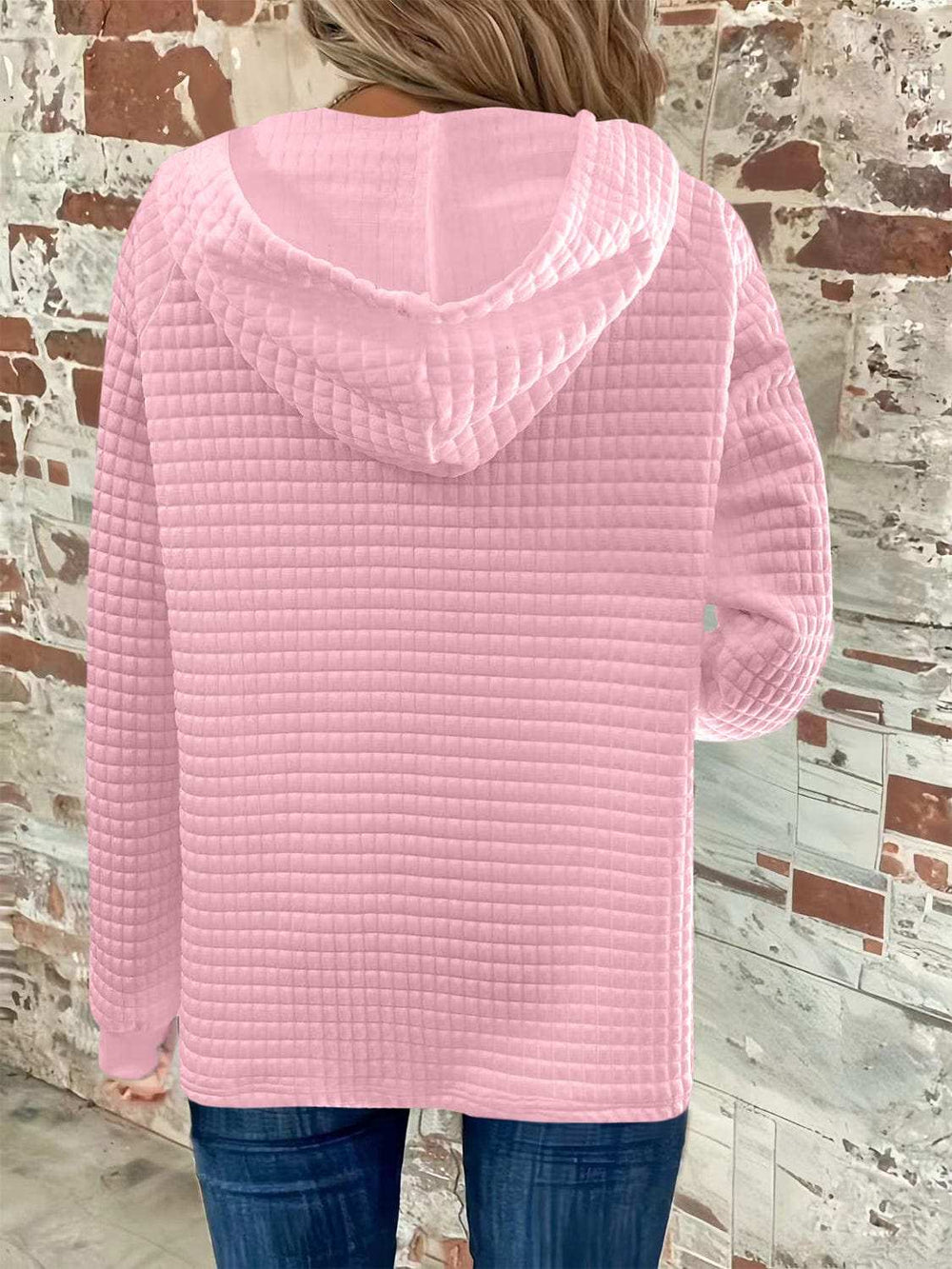 Full Size Texture Button Detail Drawstring Long Sleeve Hoodie - Trendsi - Flyclothing LLC