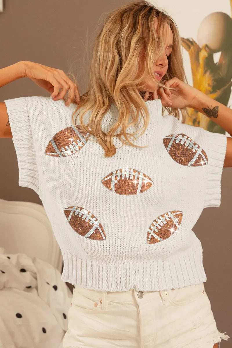 BiBi Gameday Sequin Football Patches Rib Banded Sweater - Trendsi - Flyclothing LLC