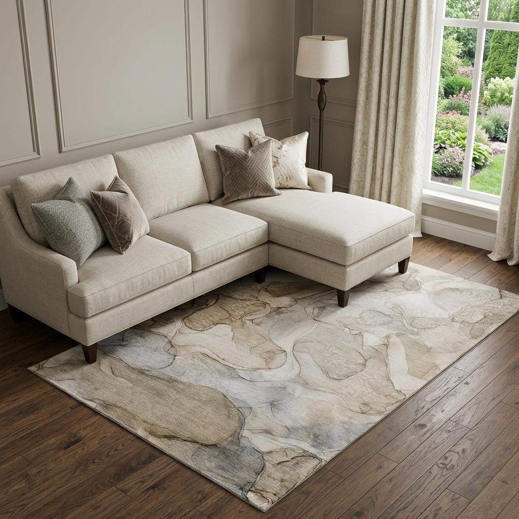 8' X 10' Beige And Ivory Abstract Washable Area Rug With UV Protection - HomeRoots - Flyclothing LLC