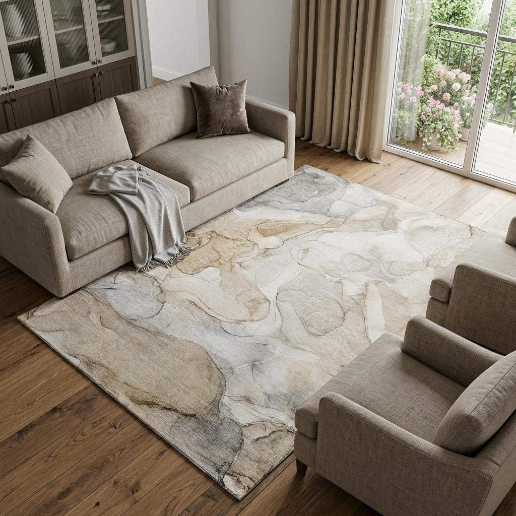 10' X 14' Beige And Ivory Abstract Washable Area Rug With UV Protection - HomeRoots - Flyclothing LLC