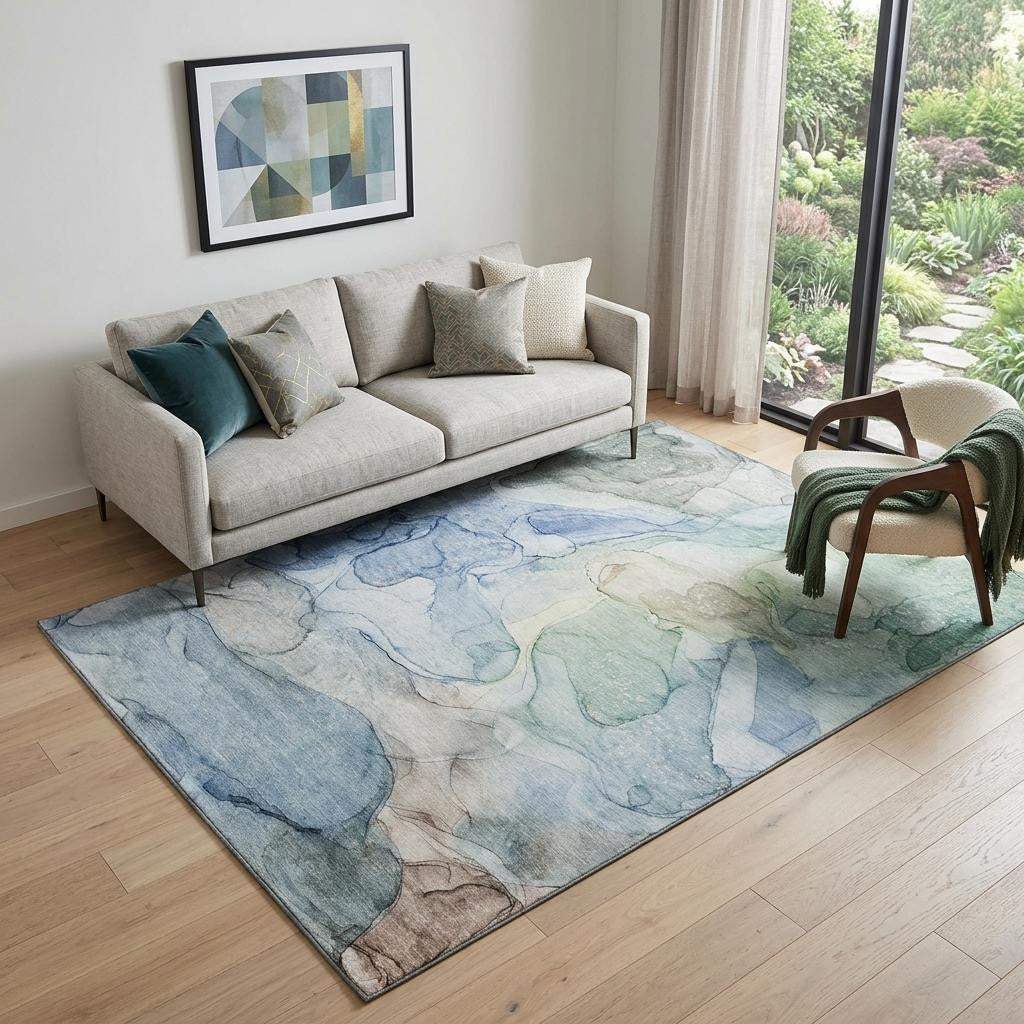 5' X 8' Blue And Ivory Abstract Washable Area Rug With UV Protection - HomeRoots - Flyclothing LLC