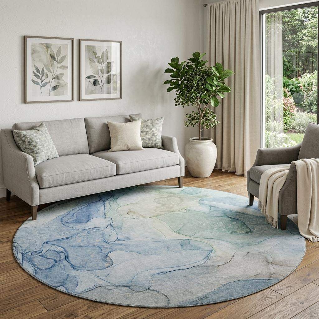 8' Blue And Ivory Abstract Washable Round Rug With UV Protection - HomeRoots - Flyclothing LLC