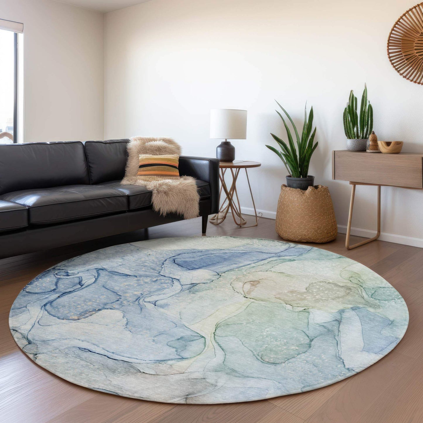 8' Blue And Ivory Abstract Washable Round Rug With UV Protection - HomeRoots - Flyclothing LLC